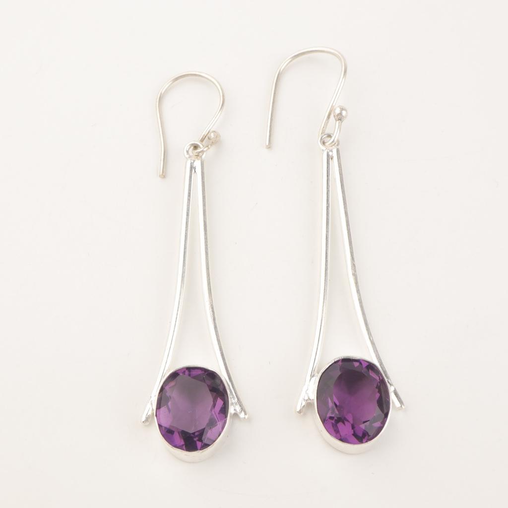 Oval Amethyst Gemstone Sterling Silver Trendy Dangling Engagement Boho Earrings EE-136-11