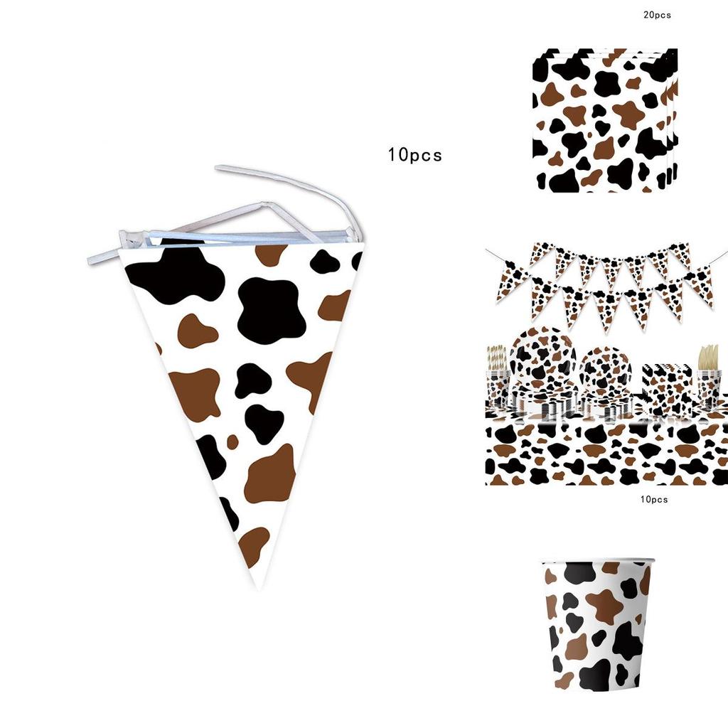 High-quality Party Tableware Set Black Brown Cow Print Paper Plates Cups And Utensils