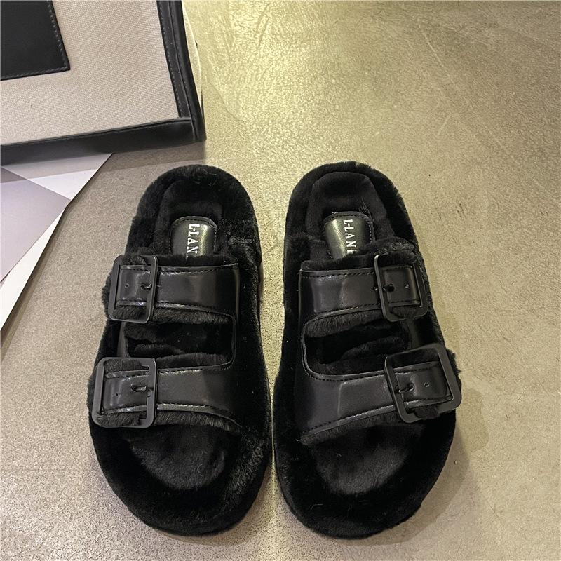 Thick Bottom Heightening Large Size Fluffy Slippers Women's Outer Wear 2025 New Autumn and Winter Fashion Leather Buckle Cotton Mop