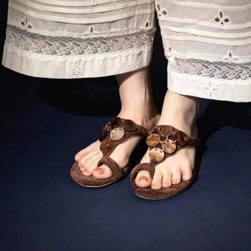 Fashion Vintage Amber Brown Toe Clip-in Flip Slippers Women's Summer New Low Heel Open Toe Anti-slip Wear-resistant Cool Slippers