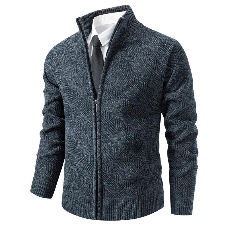 Men's Geometric Jacquard Knitted Cardigan Full Zip Stand Collar Sweater Jacket Autumn Winter Fleece Warm Knit Business Casual Outerwear