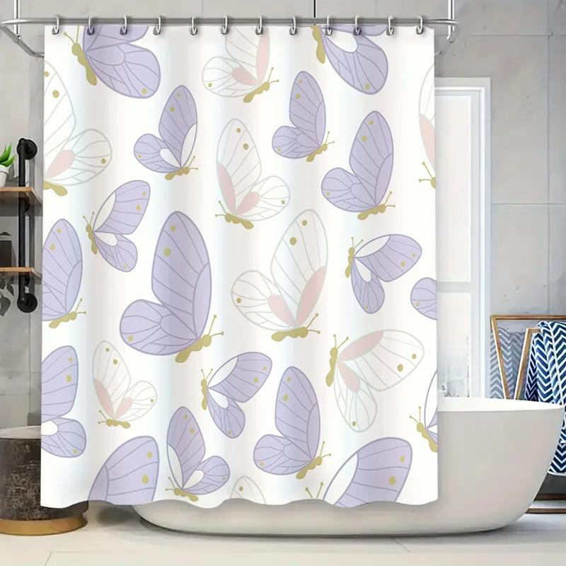 

Delightful Butterfly Pattern Shower Curtain for Bathroom Decor Modern White Lavender Waterproof Fabric Perfect Gift Idea (180x24 W90xH180cm