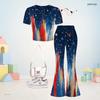 Girls Red Blue White Printed Round Neck Short Sleeve Top Flared Pants Two Piece Set