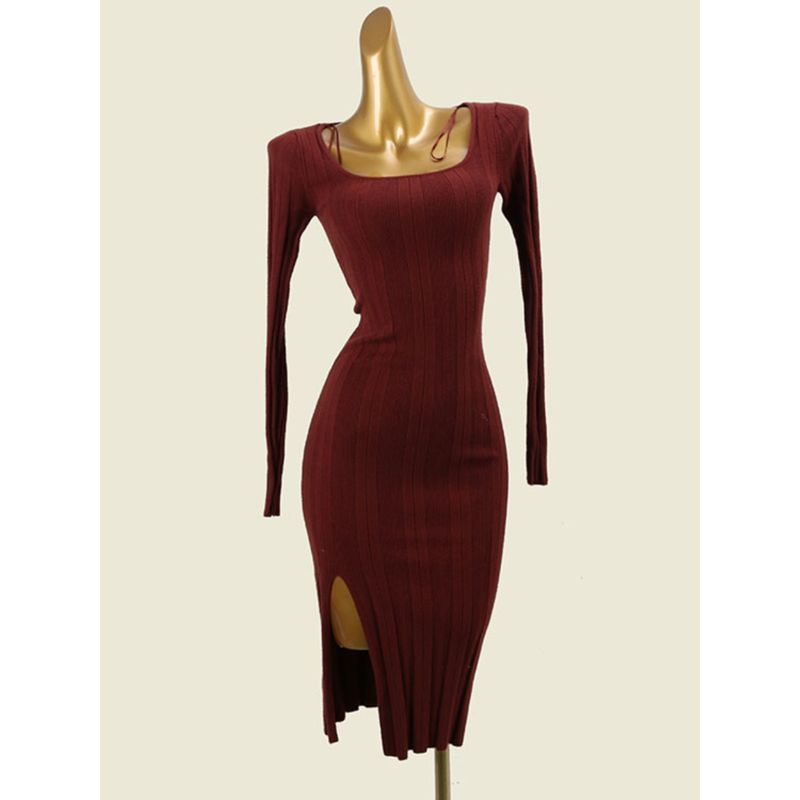 Foreign Trade Original Order Square Collar Slim Fit Long Sleeve Hip Skirt Rib Slimming High Split Sexy Knitted Dress
