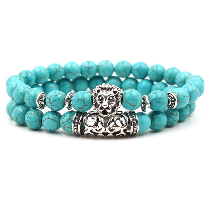 2PCS/Set Copper Color Buddha Head Lava Skeleton Turquoises Natural Stone Beads For Women Men Bracelet Set Charm Bangles