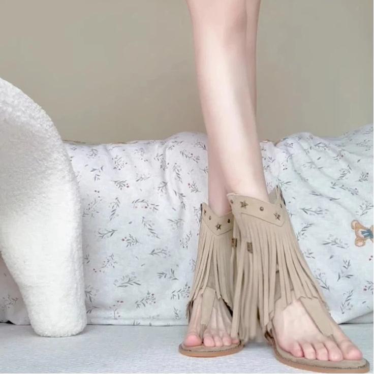 Real Leather Rivet Tassel Cool Boots For Women, With A Height Increasing Slope Heel And Clamped Toe, Summer Bohemian Sandals