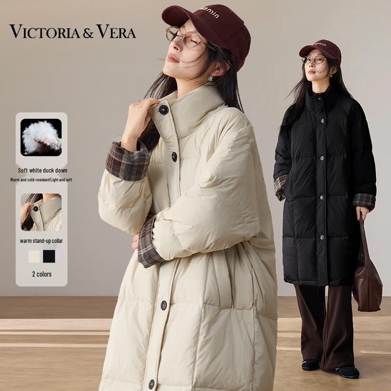 

VICTORIA&VERA Women s Stand Collar Plaid Cuff Long Down Jacket XL