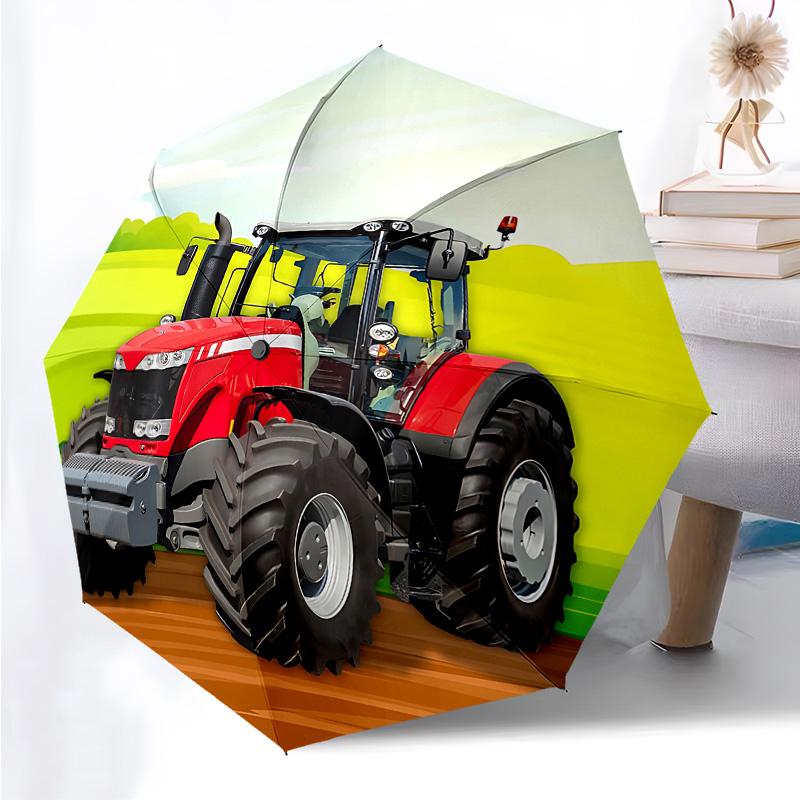 Cartoon-Traktor-Thema Faltbarer Regenschirm Mode Automatik-Öffnung 8 Eisenrippen Kunststoffgriff Faltbarer Sonnenschirm Perfekte Weihnachtsgeschenke