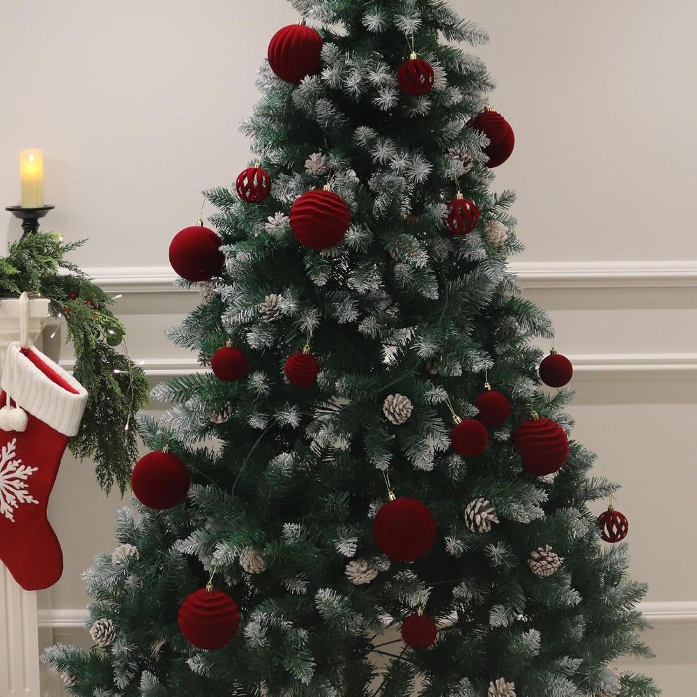 12pcs Velvet Christmas Ornaments-Red Flocked Balls with Golden Ribbons,Perfect for Holiday Tree Decorations,Christmas Ornaments