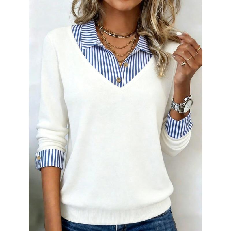 Damen S Langarm V-Ausschnitt Gestreiftes Patchwork T-Shirt Stricktop Freizeitkleidung