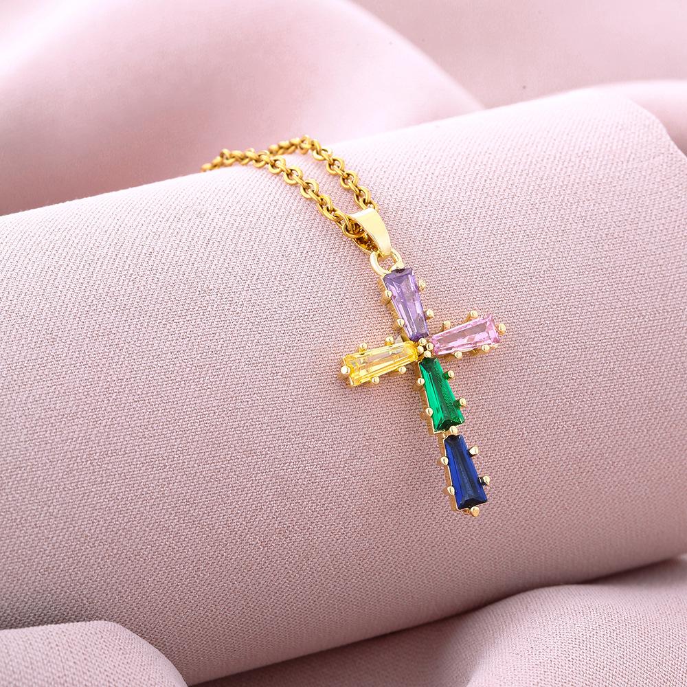 Fashion mixed color zircon cross pendant necklace WOMEN'S simple trendy unique ornament
