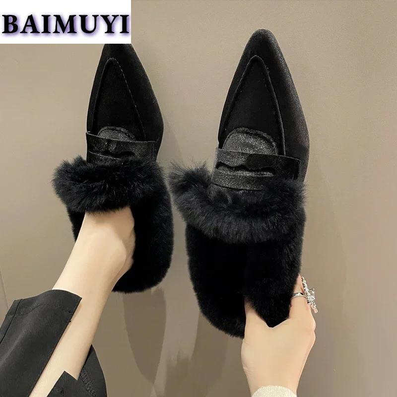 Sexy Pelz Spitzschuh Damen Slipper Schuhe Mittelhohe Absätze Stiefel 2025 Trend Chelsea Winter Warm Plüsch Veloursleder Büro Pumps Pelz Botas Mujer