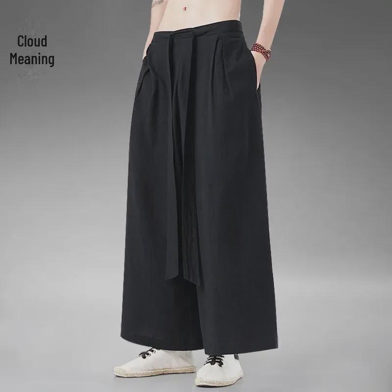 Men's Ice Silk Hanfu Pants: Chinese Style Song Pants, Retro Wide-Leg Zen Meditation Casuals