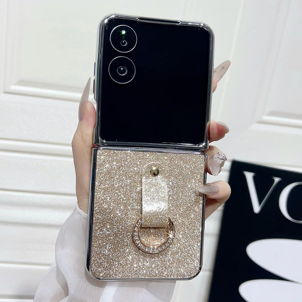 For Xiaomi Mix Flip 2 Case Electroplated Glitter PU Leather+PC Protective Cover with Portable Ring Strap