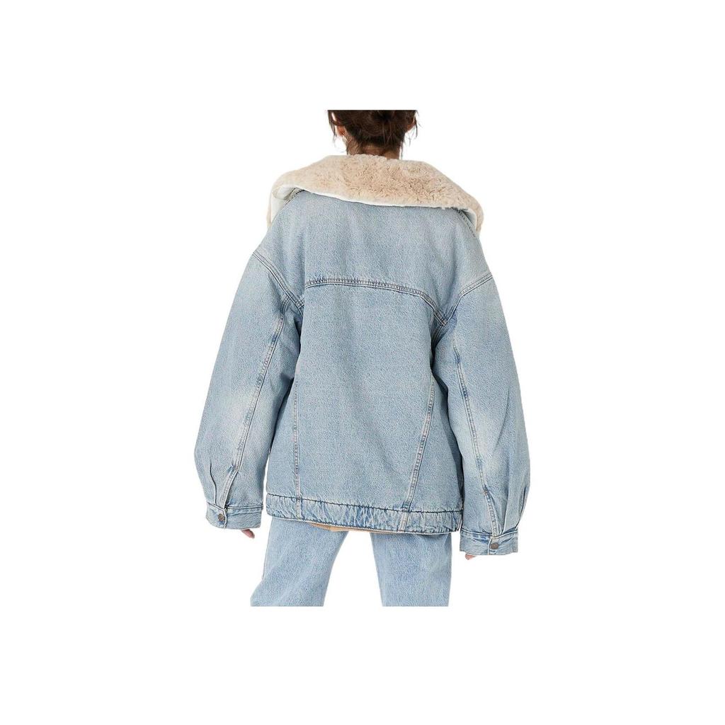 Levis FW22 Ležérní Jednobarevná Bunda z Jehněčí Vlny s Límcem Volná Džínová Bunda Dámské bundy Modrá A3484-0000