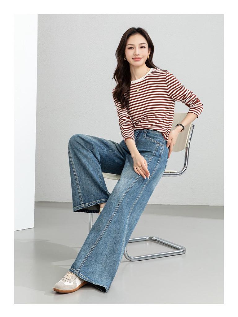 Yifei Women's Slim-Fit Long-Sleeve Striped Tencel Wool Top, 2026 Spring Collection