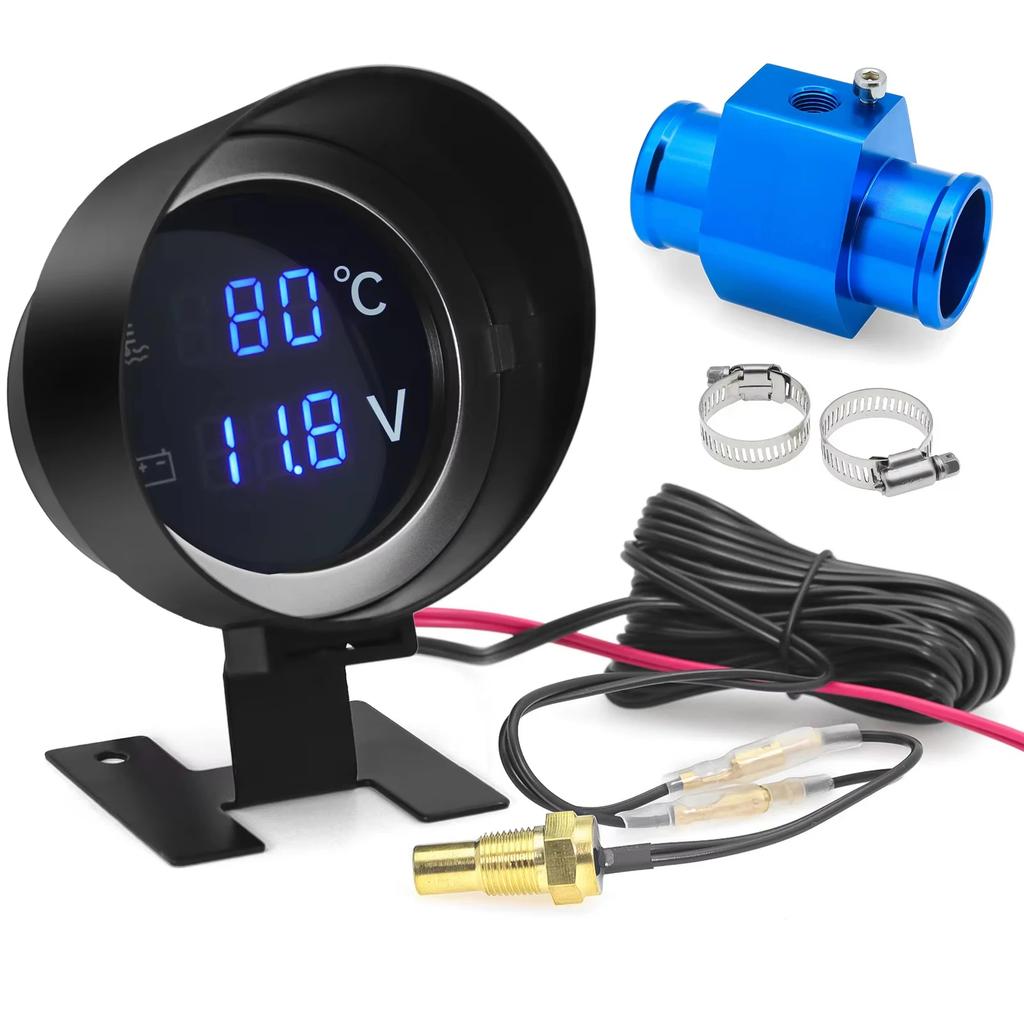 2 in 1 Round LED Water Temp Gauge & Voltmeter with 10mm 1/8 NPT Sensor 26mm-40mm Pipe for 12V/24V Car Truck Motorcycle