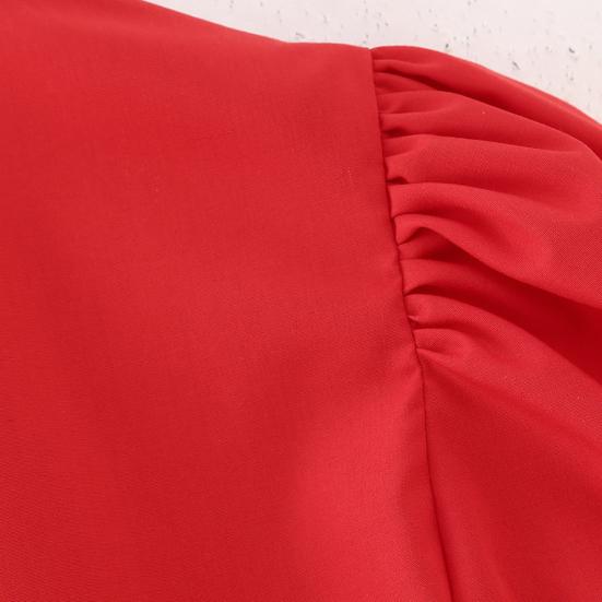 Women Summer Casual Cropped Tops O-neck Puff Short Sleeve Pullover Tops Ruffle Hem Back Lace-up Solid Color Thin Tees