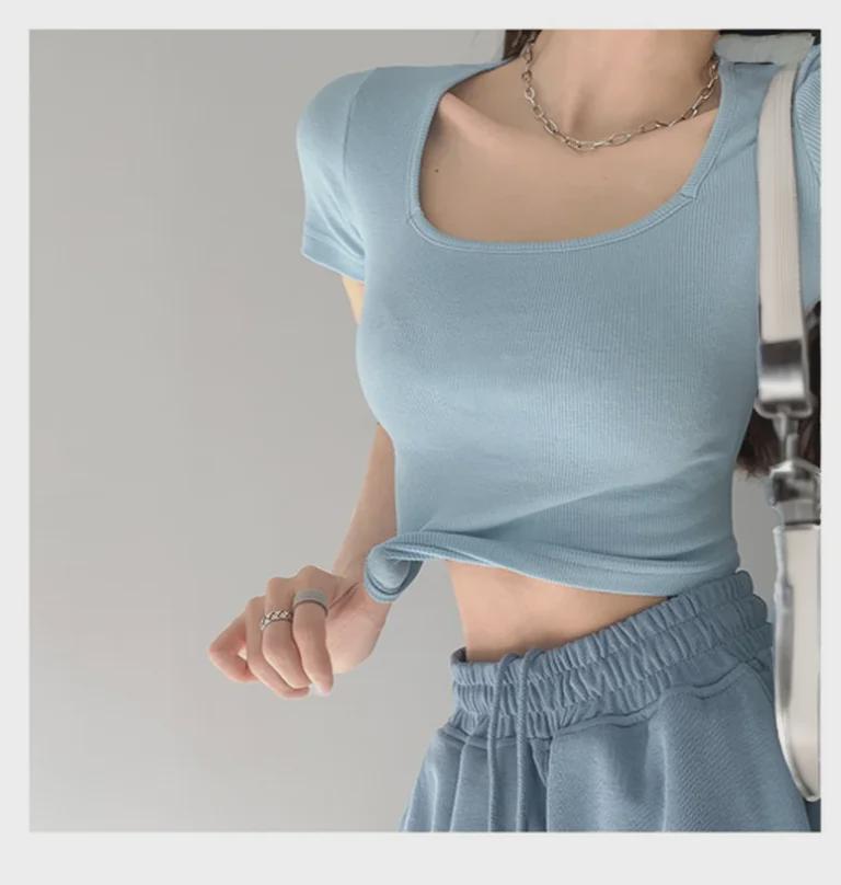 Women's Korean Style Slim Fit Wide U-Neck Crop Top - Solid Color, Short Sleeve, Oversized, Summer Layer.