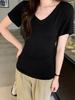 WhiteV-Neckshort Sleeve T-Shirt Women's Casual Loose-Fit Waist-Fitted Top Korean Style Polyester Fiber Summer Clothing