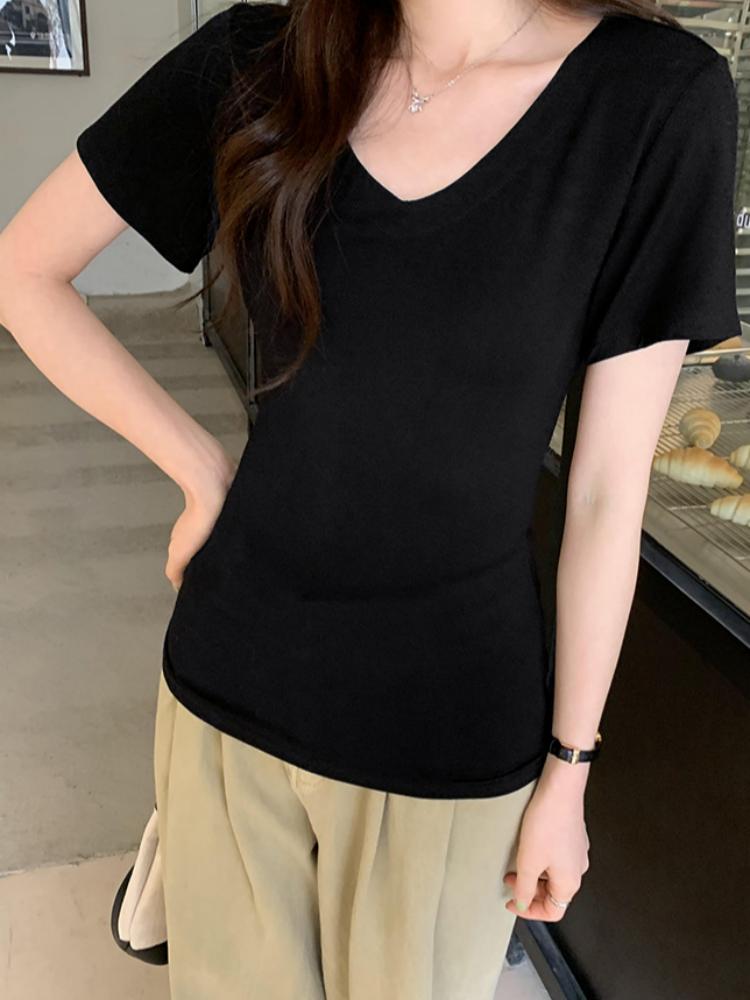 WhiteV-Neckshort Sleeve T-Shirt Women's Casual Loose-Fit Waist-Fitted Top Korean Style Polyester Fiber Summer Clothing