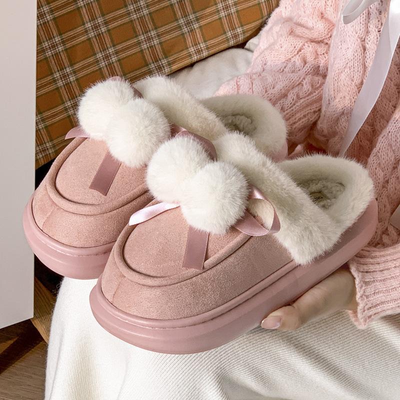 New Hairy Double Ball Bow Home Cotton Slippers Winter Indoor Velvet Warm Non-slip Slippers Can Be Worn Outside