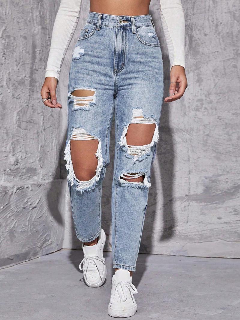 Damen Jeans mit hohem Bund und Rissen - Europäischer & Amerikanischer Street Style Weite Hosen Trends XS gray