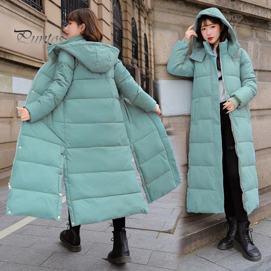 Women Cotton Coat Hooded Long Sleeve Pockets Side Slit Hem Down Jacket Solid Color Pockets Thickened Casual Outwear