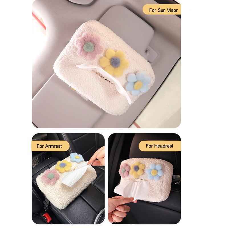 Słodkie pluszowe kolorowe kwiaty z kreskówek, zagłówek samochodowy, pudełko na chusteczki, uchwyt na papier, osłona przeciwsłoneczna, wiszący organizer, stylizacja akcesoriów samochodowych