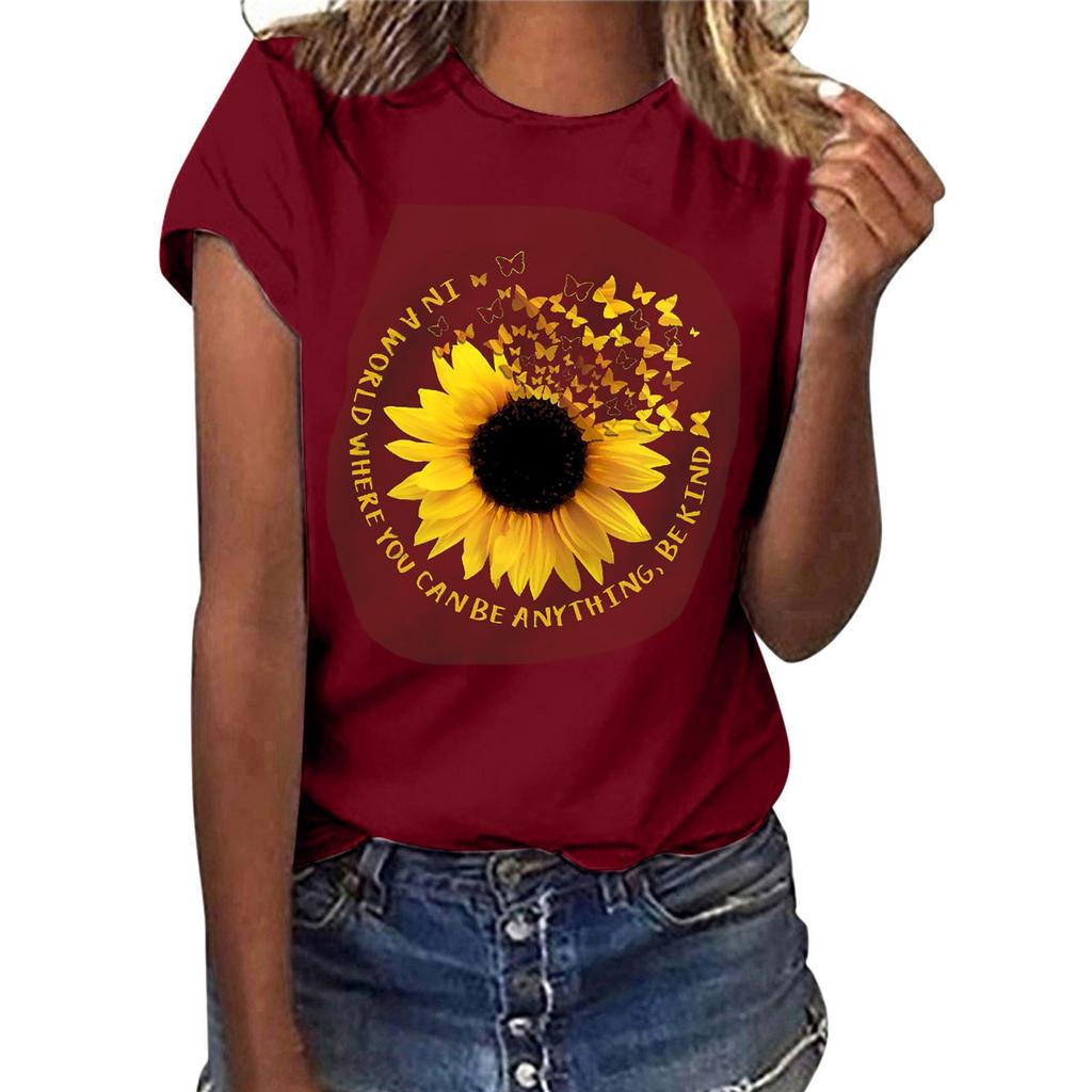 2021 Women's Fashion Concise Sunflower Print Round Neck Short Sleeve Tops