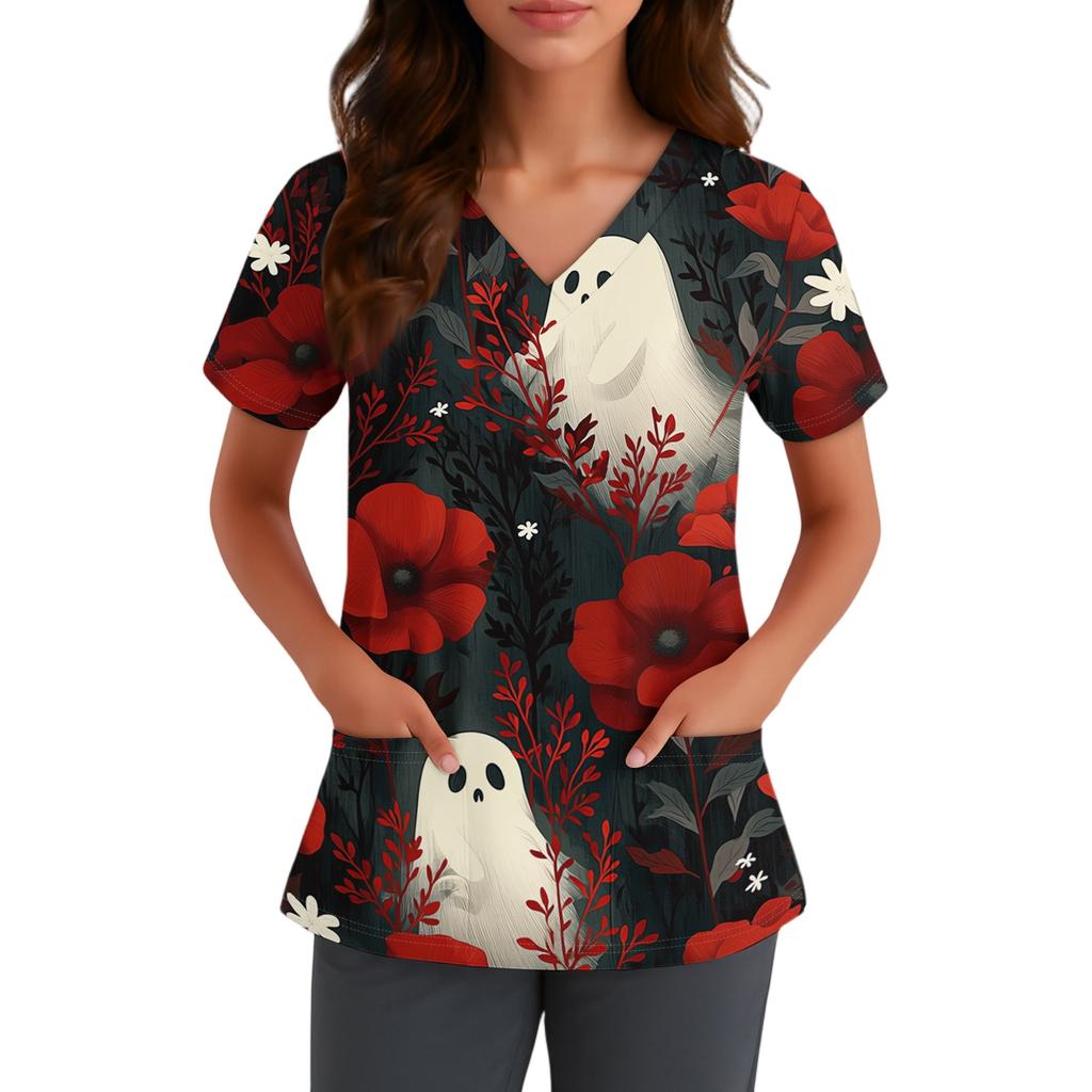 Women V Neck Short Sleeve Halloween Print Top with Pocket Scrub Shirt for Healthcare Professionals Uniform
