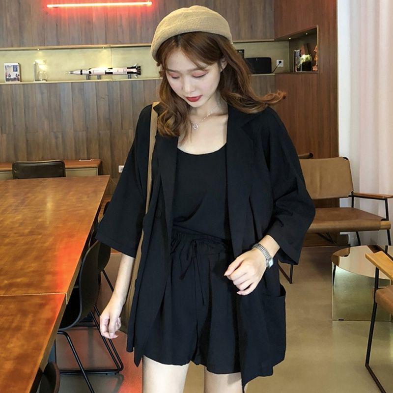 

2026 Women s Korean Style 3-Piece Summer Set: Loose Camisole, Shorts & Jacket L [105-125 lbs] чёрный