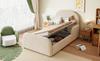 Gestoffeerd Kinderbed 90x200 met Hydraulische Opbergruimte, Velours Bedframe met Hoge Hoofdsteun, Voetbord en Semi-Hoge Veiligheidsleuning, Beige
