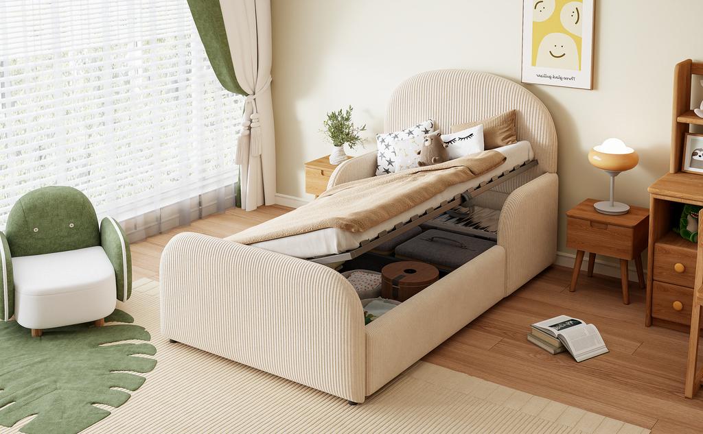 Gestoffeerd Kinderbed 90x200 met Hydraulische Opbergruimte, Velours Bedframe met Hoge Hoofdsteun, Voetbord en Semi-Hoge Veiligheidsleuning, Beige