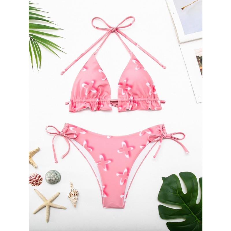Zebra Streep Driehoek Bikini Set Knoopsluiting Hoge Uitsnijding Twee Delig Zwempak