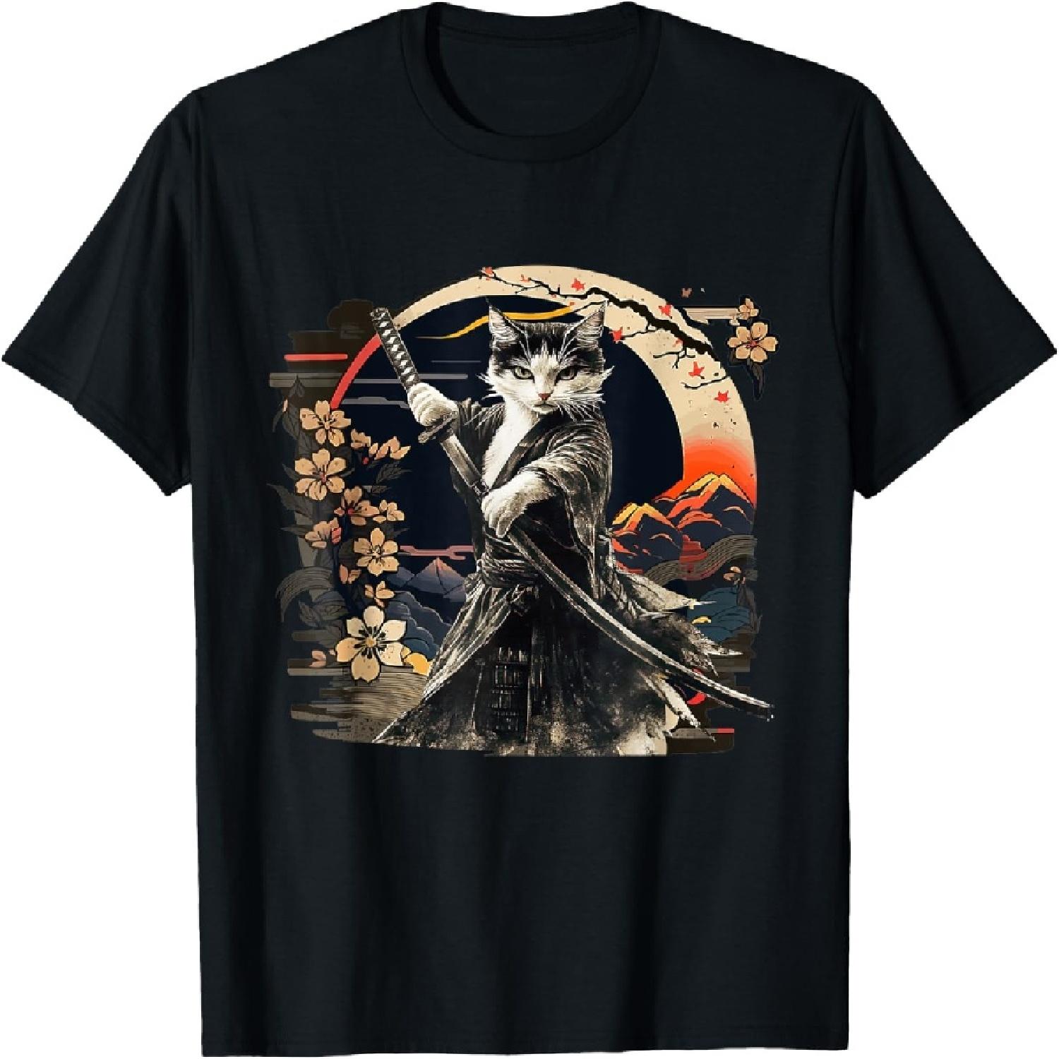 Самурайский Кот Винтажный Укиё-э Кот-Воин Японское Искусство Мужская Женская Футболка XXXXXL разноцветный