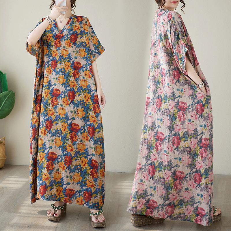 Summer V-neck Cotton and Linen Loose Dress