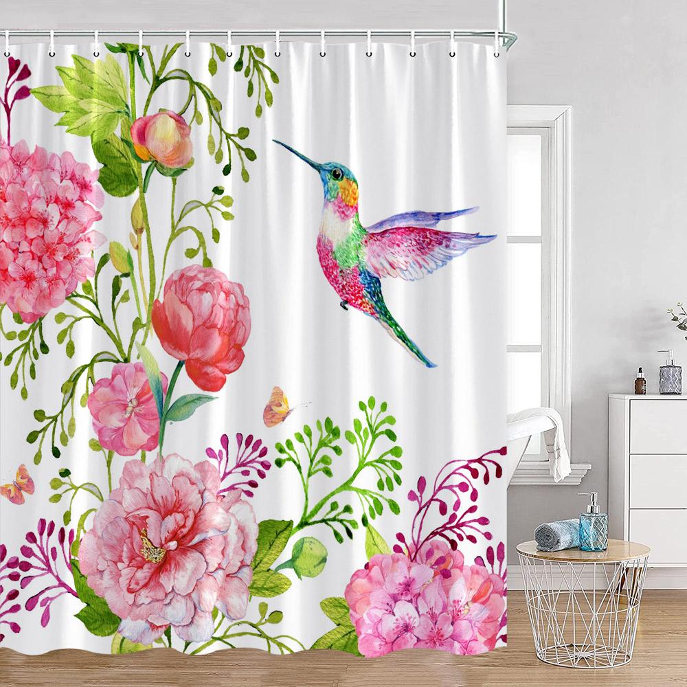 Birds Flowers Shower Curtains Hummingbirds Flowers Green Leaves Plants Greenery Bath Decorations Spring Bath Curtain With Hooks