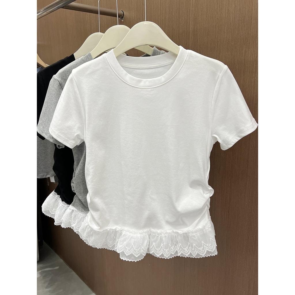 Special Xiaohongshu cotton elastane white lace splicing front shoulder short sleeve t-shirt women
