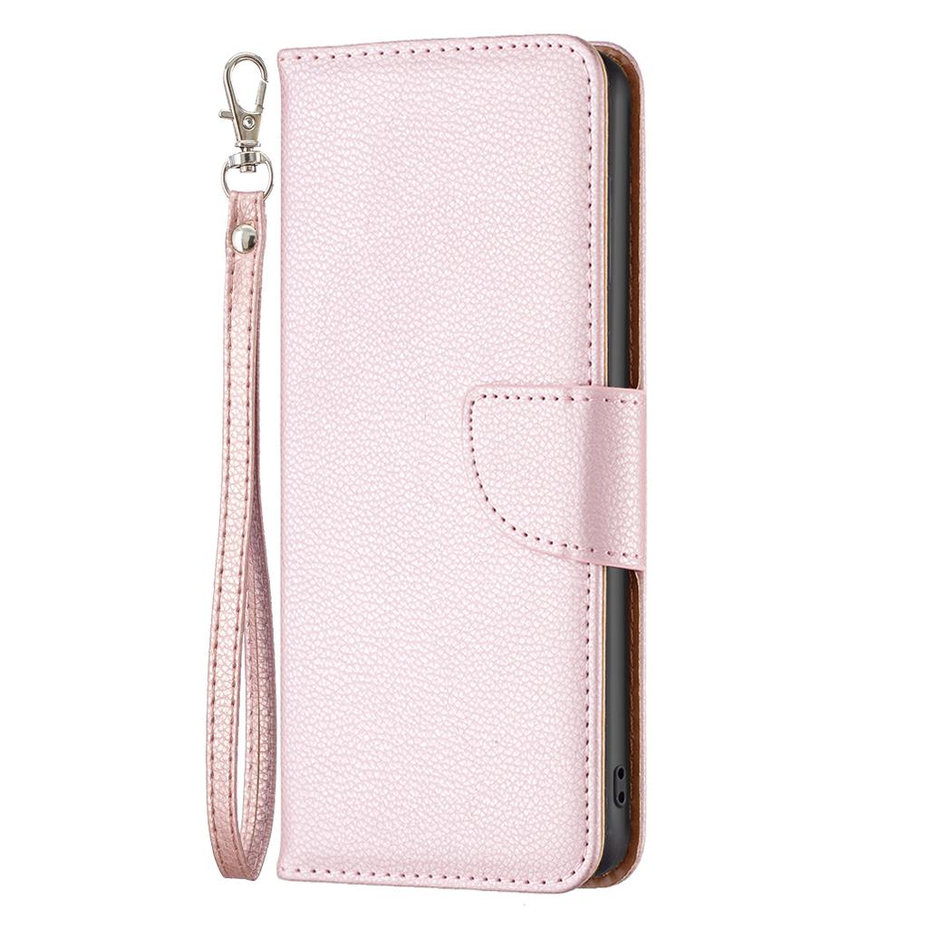 Für iPhone 15 Handy Klappständer Hülle Brieftasche PU Leder Litschi Textur Handyhülle mit Riemen