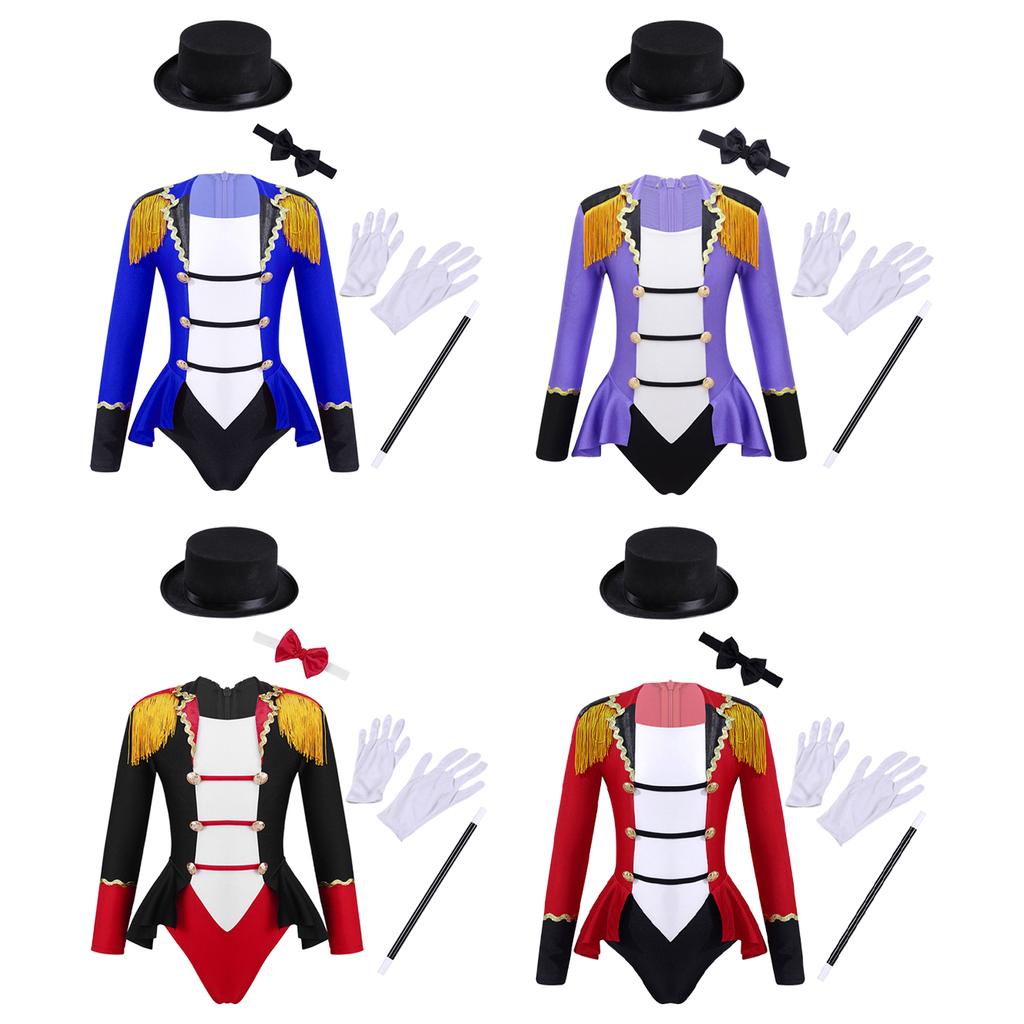 Girls Circus Costume Set Long Sleeve Lapel Tassel Shoulder Back Zipper Leotard Bow Tie Hat Magic Wand Gloves