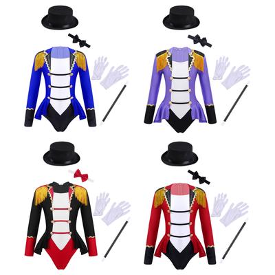 Girls Circus Costume Set Long Sleeve Lapel Tassel Shoulder Back Zipper Leotard Bow Tie Hat Magic Wand Gloves