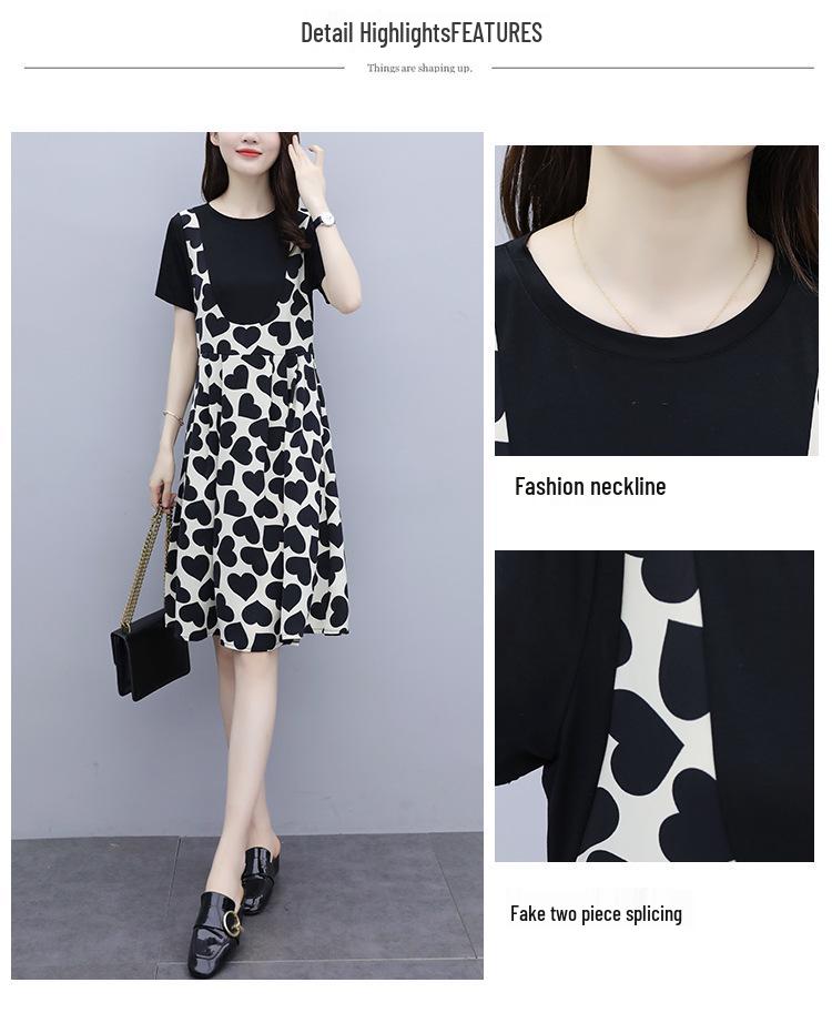 2023 Summer Women's Love Splicing Short-sleeve Dress with Suspender Skirt