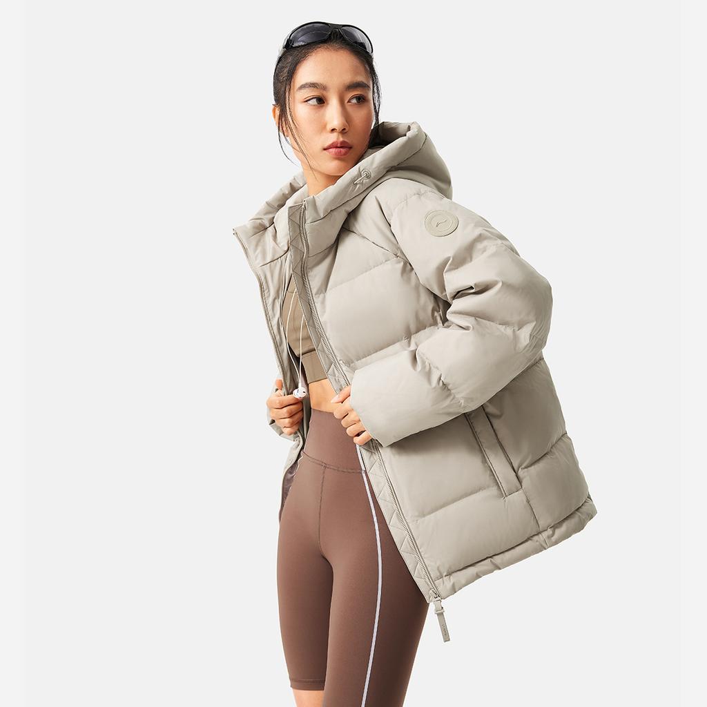 Li-Ning Water-Resistant Hooded Duck Down Jacket Women Outerwear Dusty-Gray AYMU108-5