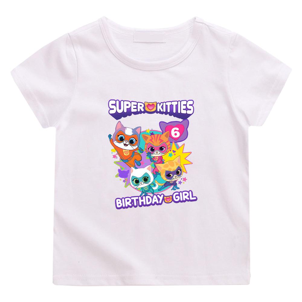 SuperKitties Birthday Girl T-shirt Game Super Cat Costume Kid Tees Baby Sweet Girls Clothes Short Sleeve Birthday Gifp Top