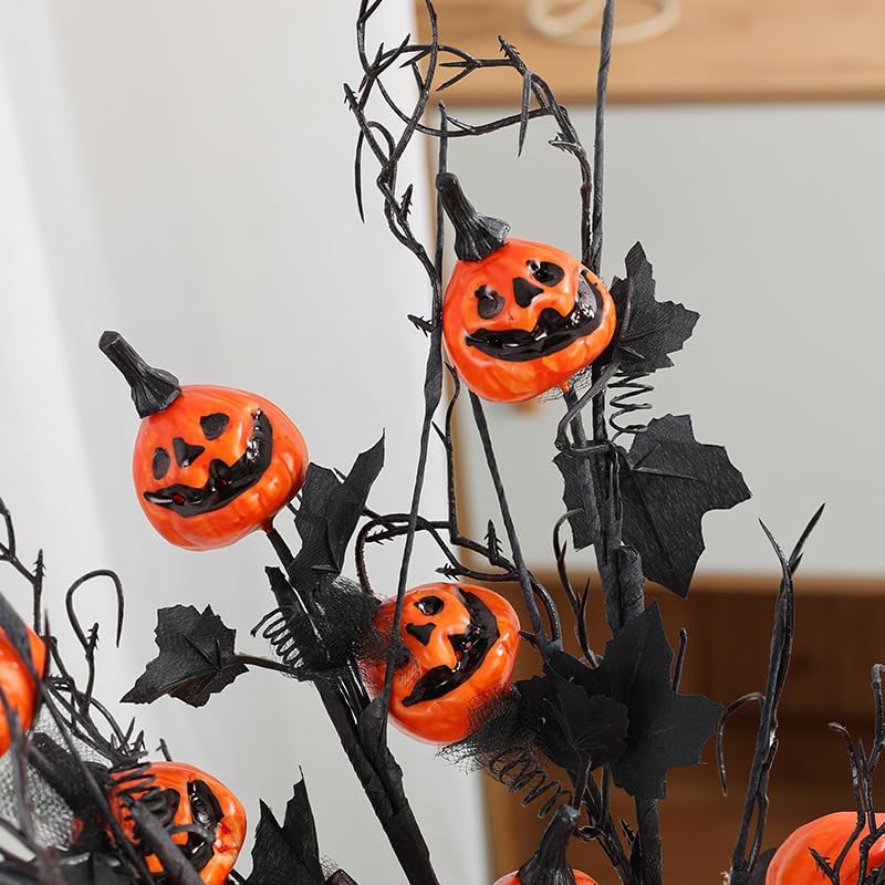 5PCS Artificial Halloween Flowers with Pumpkin Maple Leaf Branches Halloween Decorations Indoor for Office Home Mantel Vase Filler