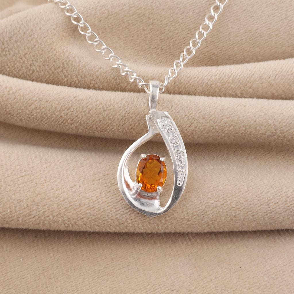 Citrine Gemstone 925 Sterling Silver Women Jewelry Designer Zircon Pendant 1.4" Valentine's Gift For Her CZP-16-6