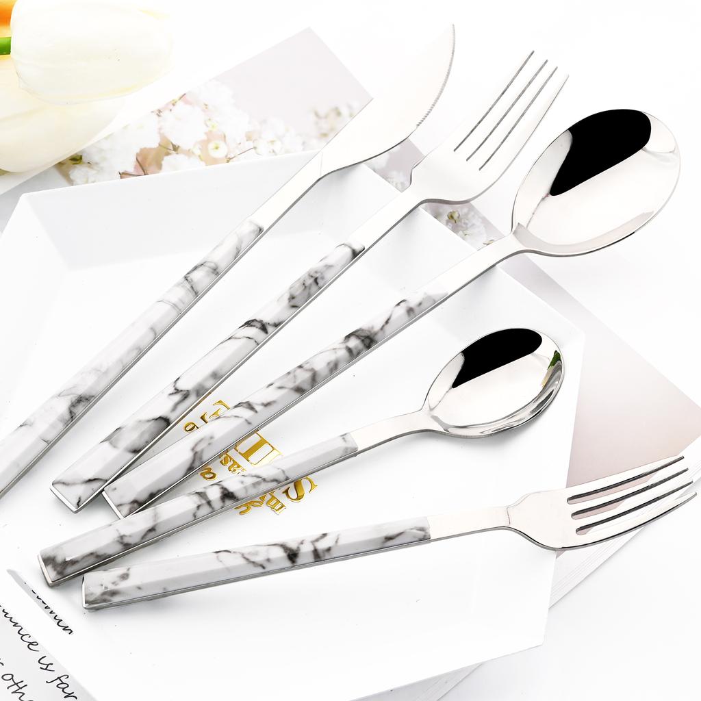 30Pcs Wood Handle Silver Dinnerware Steak Knife Fork Spoons Cutlery Set Stainless Steel Marble Flatware Kitchen Tableware Set