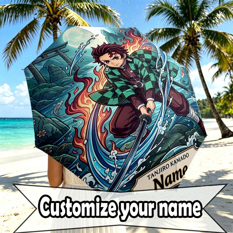 Custom Name Personalized Demon Slayer Print Umbrella, Auto Open Close, 8‑Rib Sturdy Frame, Commute Camping Hiking Use, Birthday Gift