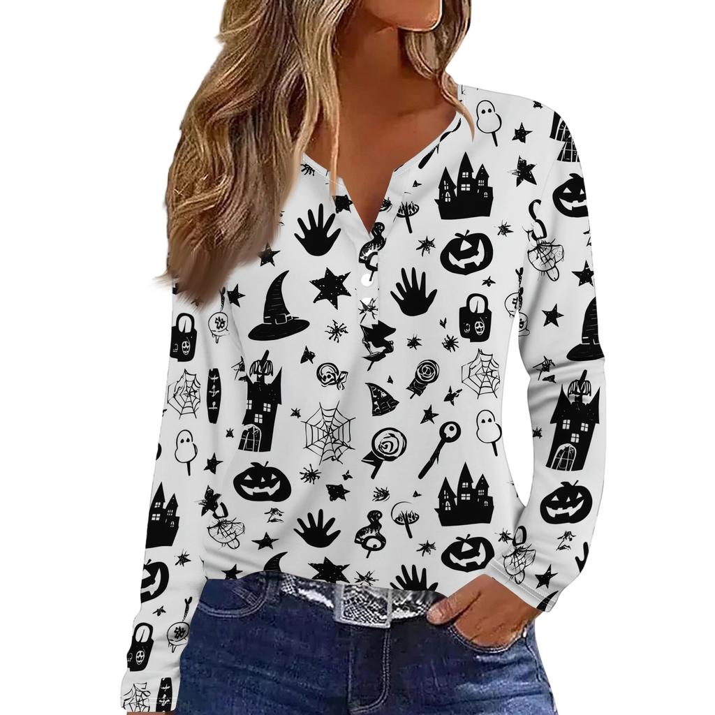 Women's Casual Long Sleeve T-Shirt with Halloween Print V-Neck Button for Parties